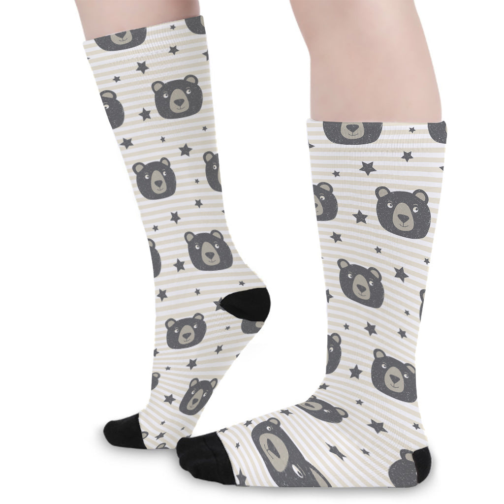 Cute Black Bear Pattern Print Long Socks