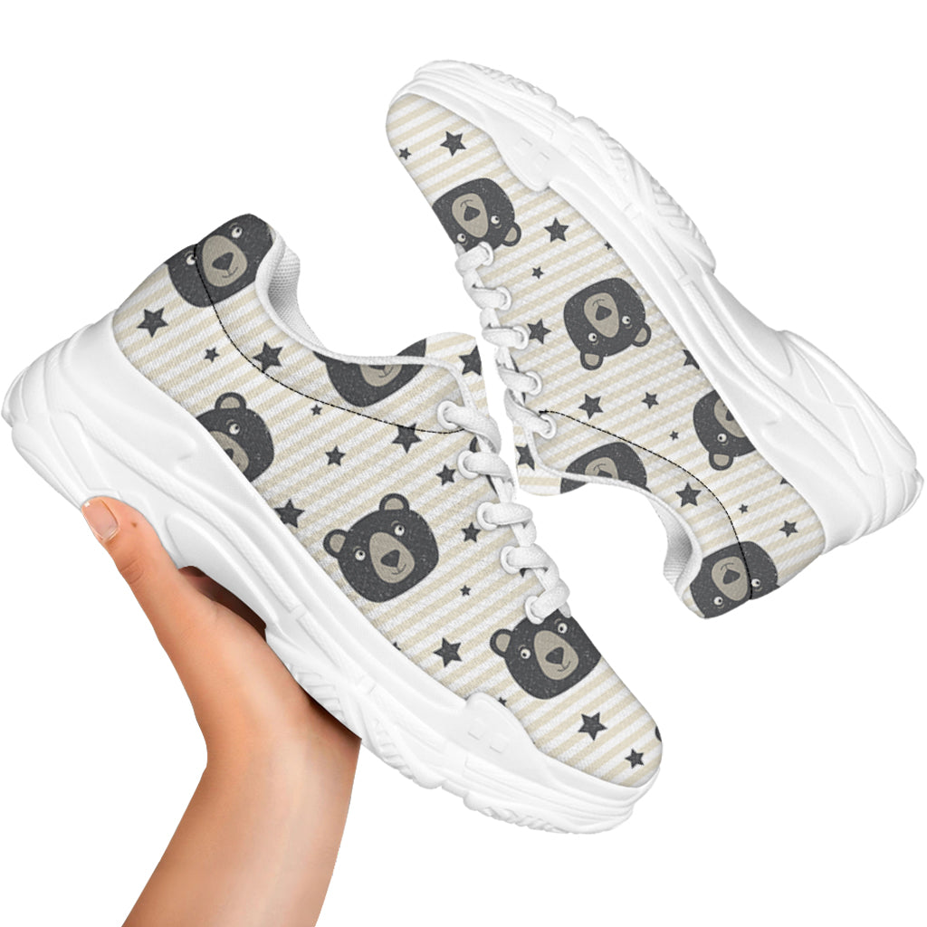 Cute Black Bear Pattern Print White Chunky Shoes