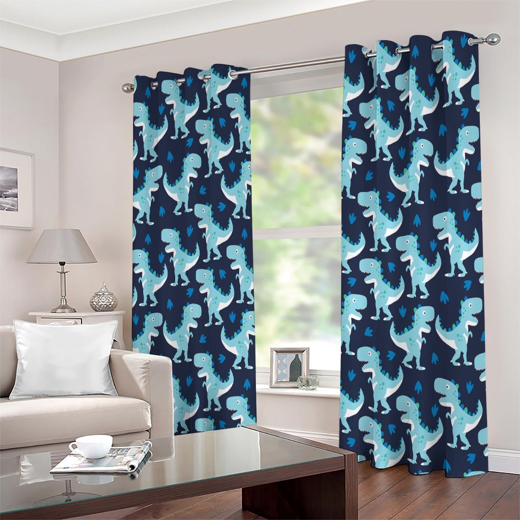 Cute Blue T-Rex Dinosaur Pattern Print Extra Wide Grommet Curtains