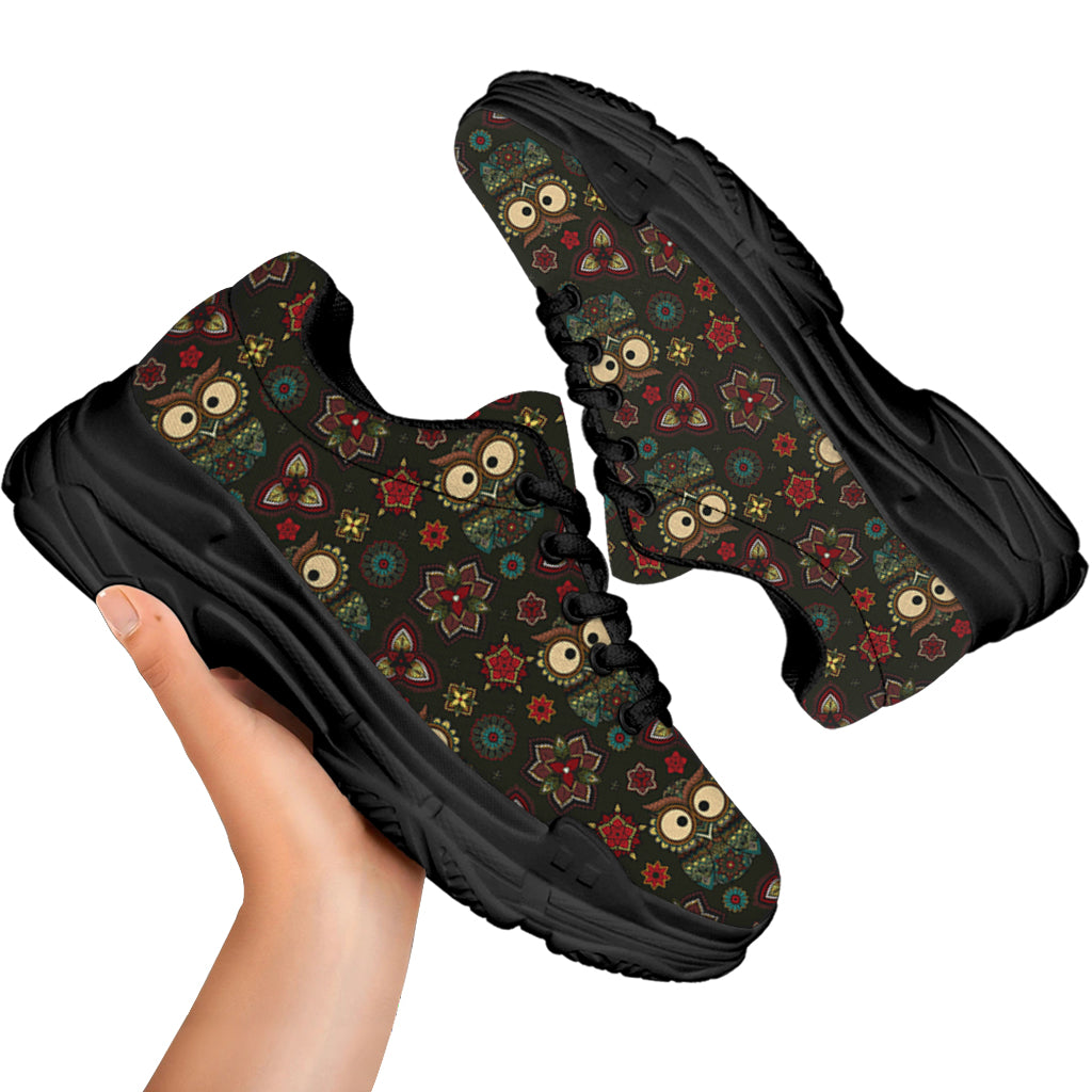 Cute Boho Owl Pattern Print Black Chunky Shoes