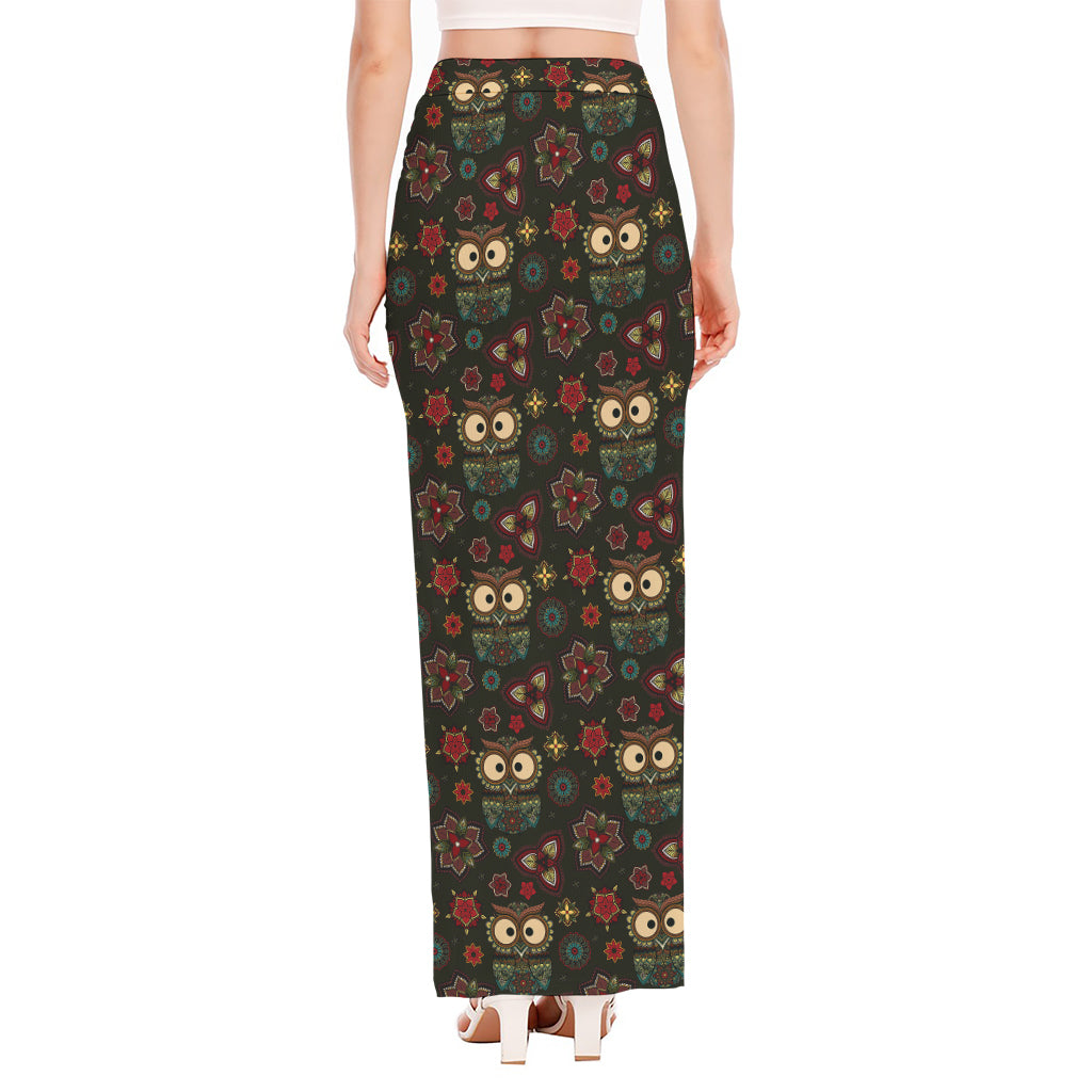 Cute Boho Owl Pattern Print High Slit Maxi Skirt