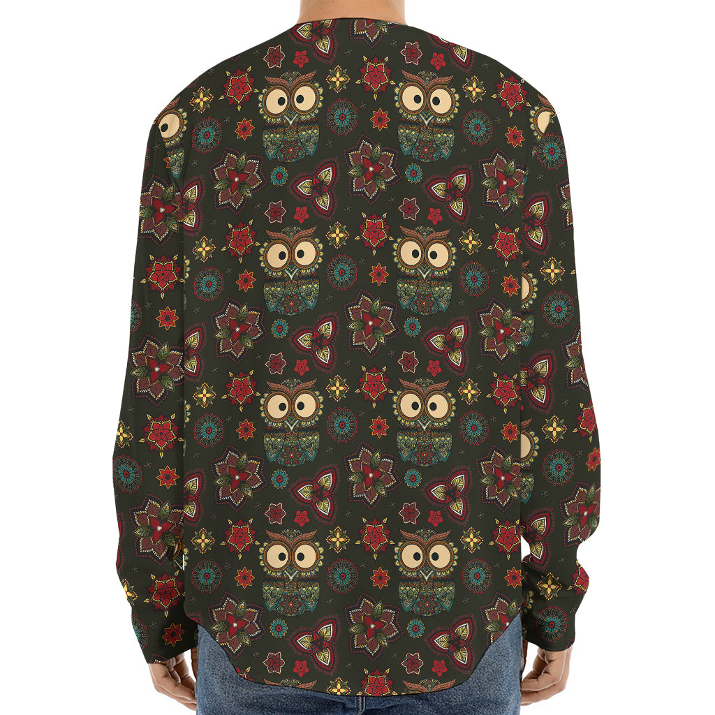 Cute Boho Owl Pattern Print Long Sleeve Baseball Jersey