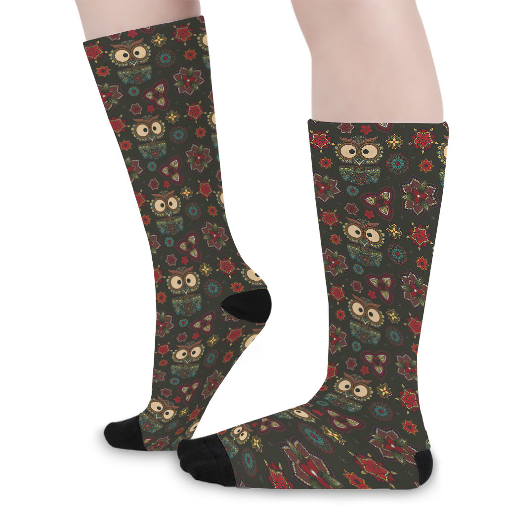 Cute Boho Owl Pattern Print Long Socks