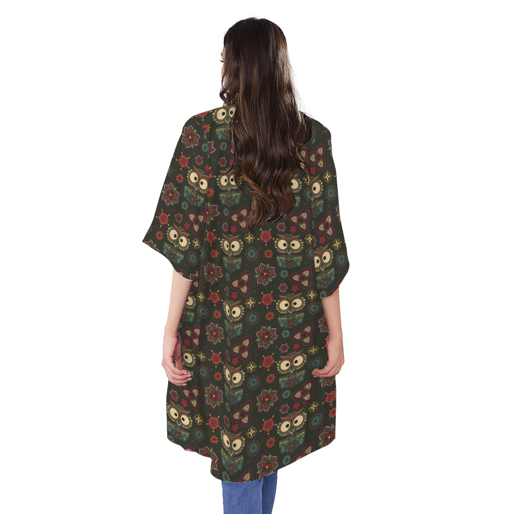 Cute Boho Owl Pattern Print Open Front Beach Cover Up