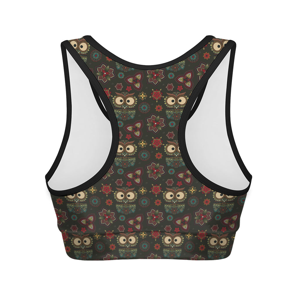 Cute Boho Owl Pattern Print Women's Sports Bra