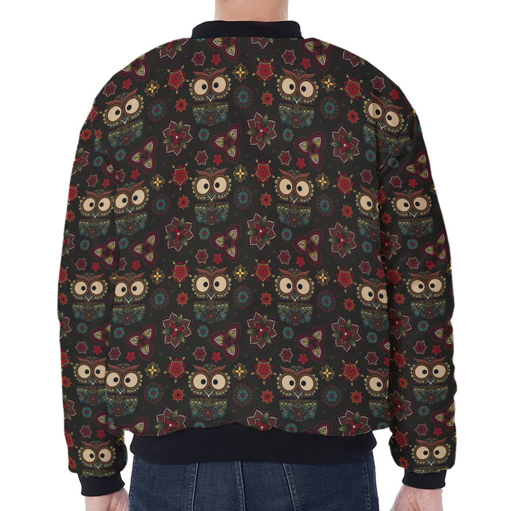 Cute Boho Owl Pattern Print Zip Sleeve Bomber Jacket