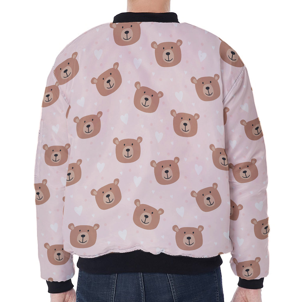 Cute Brown Bear Pattern Print Zip Sleeve Bomber Jacket