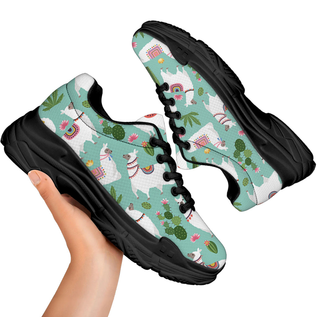 Cute Cactus And Llama Pattern Print Black Chunky Shoes