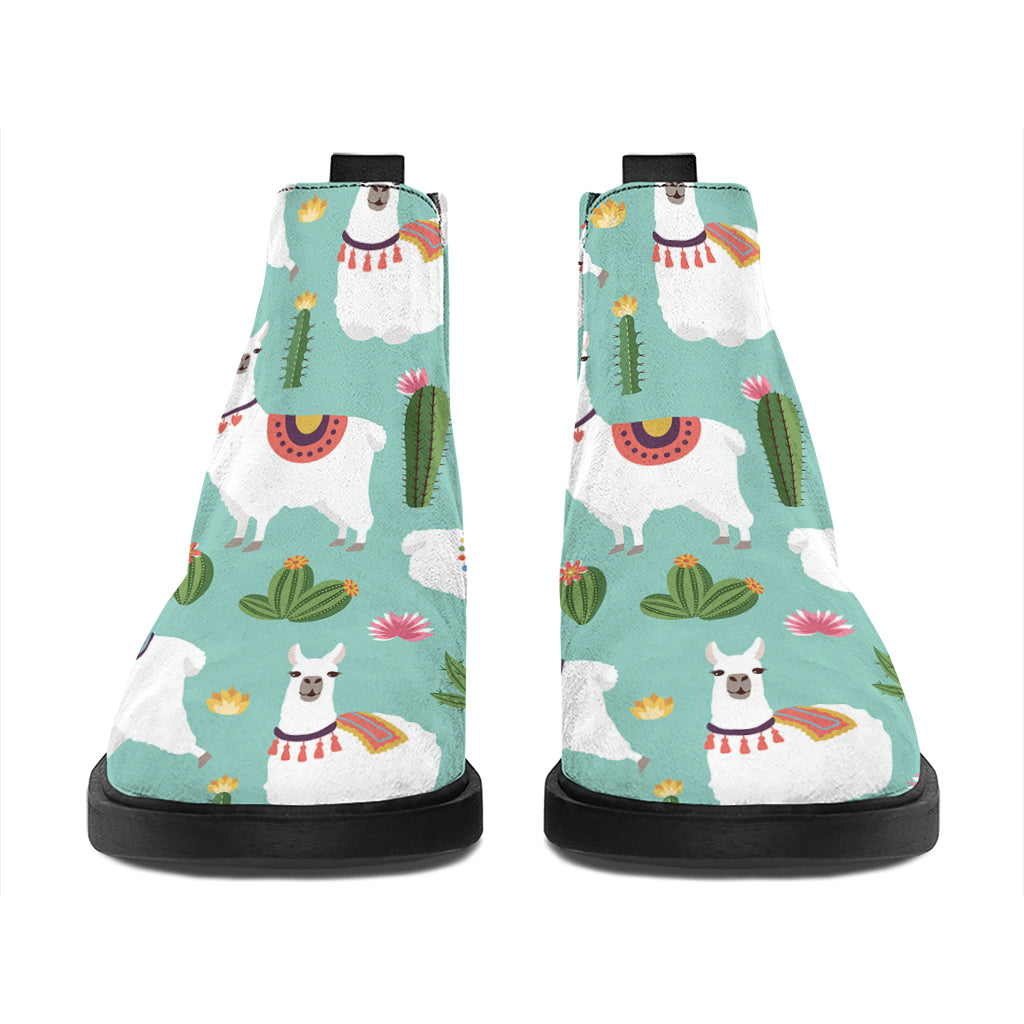 Cute Cactus And Llama Pattern Print Flat Ankle Boots