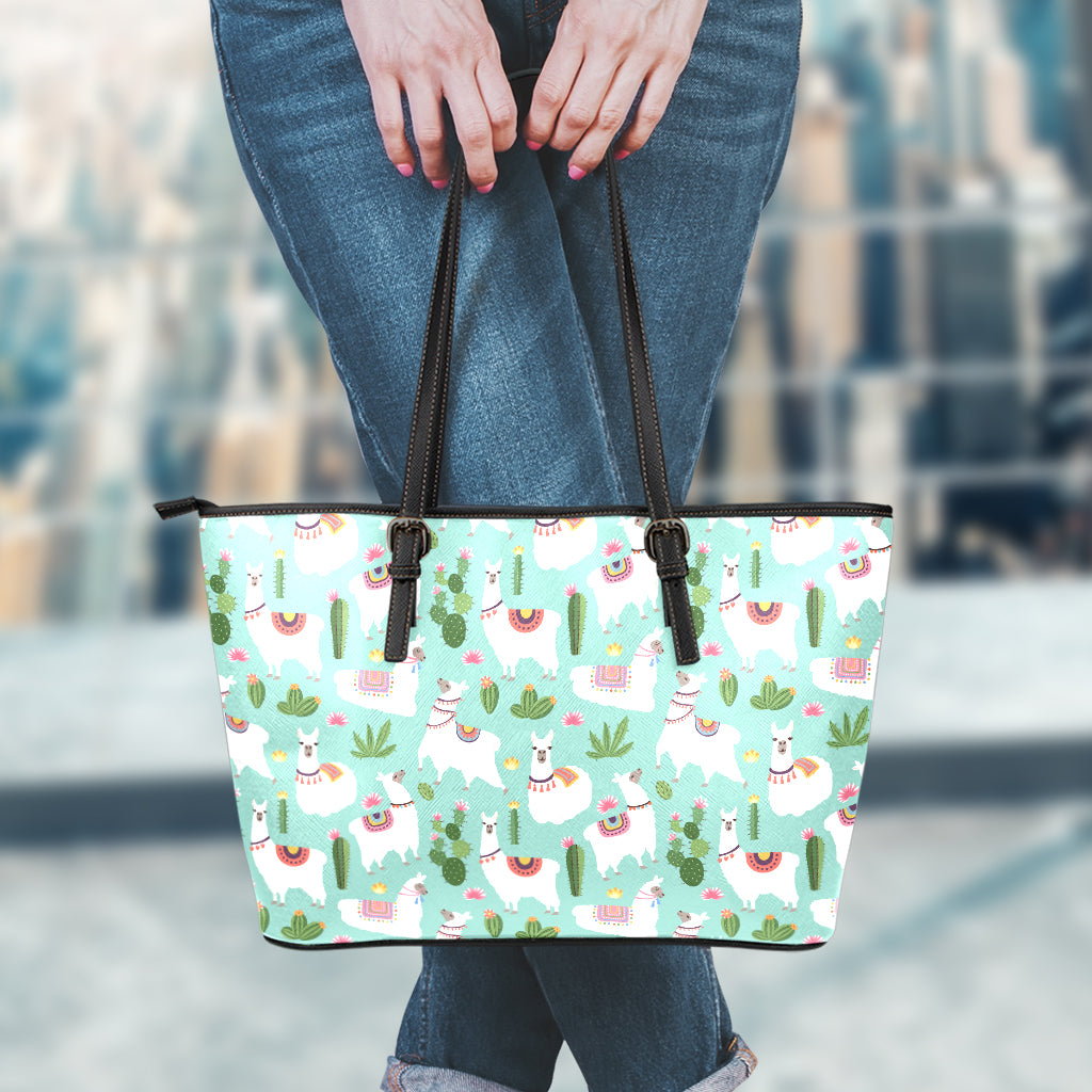 Cute Cactus And Llama Pattern Print Leather Tote Bag