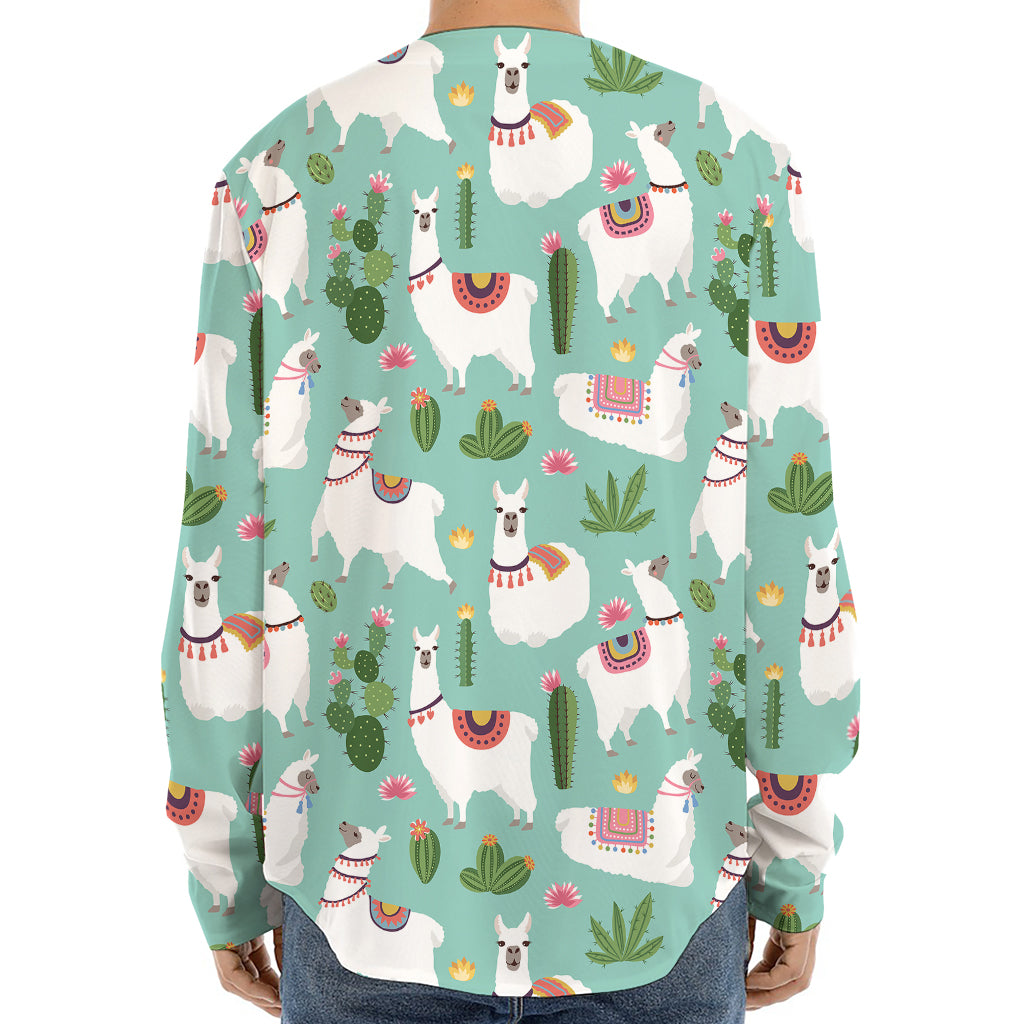 Cute Cactus And Llama Pattern Print Long Sleeve Baseball Jersey