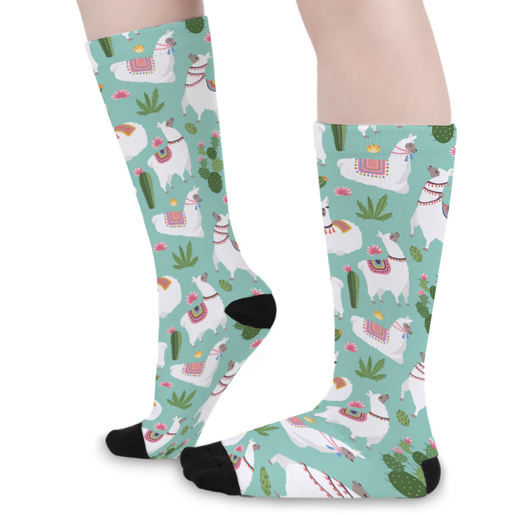 Cute Cactus And Llama Pattern Print Long Socks