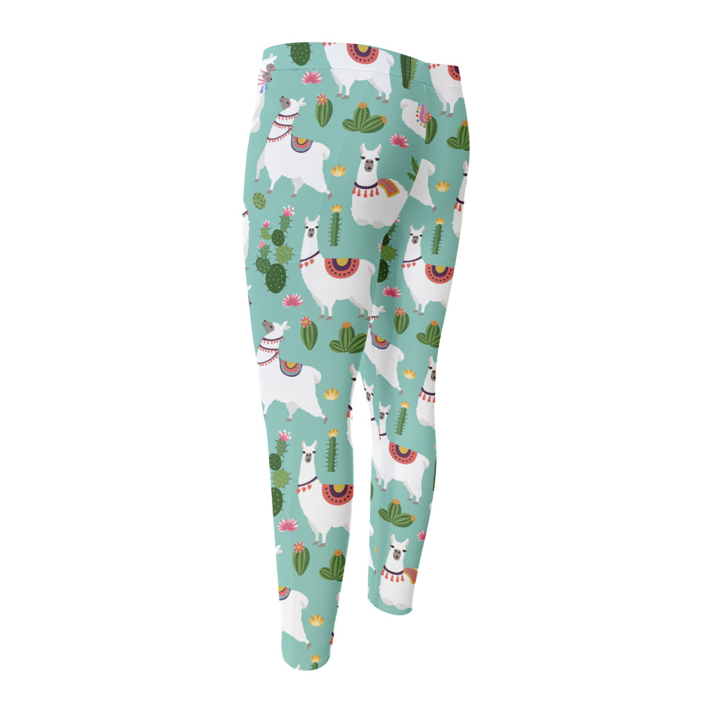 Cute Cactus And Llama Pattern Print Men's Compression Pants