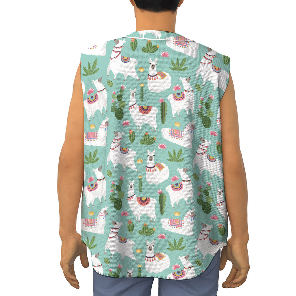 Cute Cactus And Llama Pattern Print Sleeveless Baseball Jersey