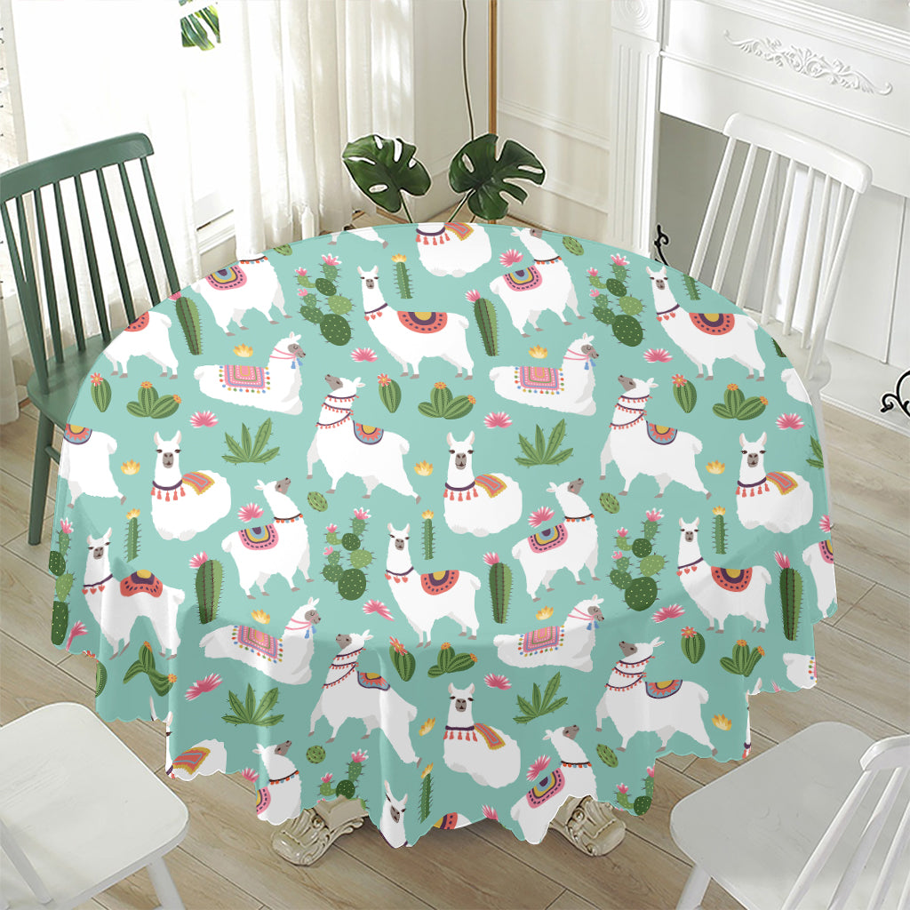 Cute Cactus And Llama Pattern Print Waterproof Round Tablecloth