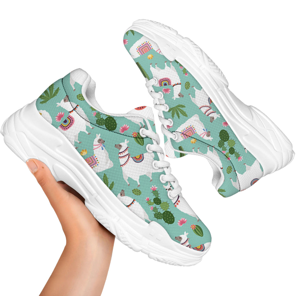 Cute Cactus And Llama Pattern Print White Chunky Shoes