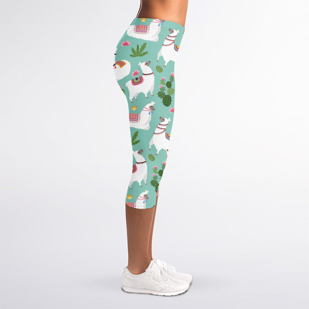 Cute Cactus And Llama Pattern Print Women's Capri Leggings