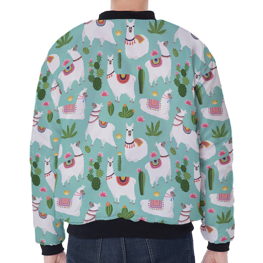 Cute Cactus And Llama Pattern Print Zip Sleeve Bomber Jacket