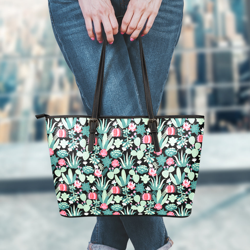 Cute Cactus And Succulent Print Leather Tote Bag