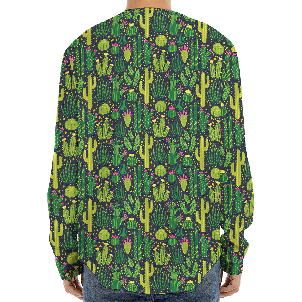 Cute Cactus Plant Pattern Print Long Sleeve Baseball Jersey