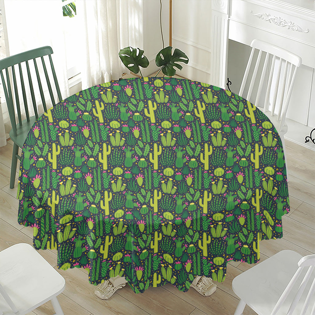 Cute Cactus Plant Pattern Print Waterproof Round Tablecloth