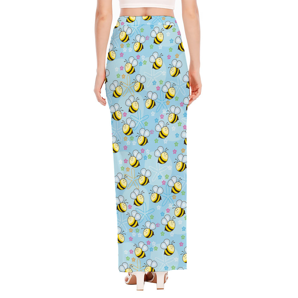 Cute Cartoon Bee Pattern Print High Slit Maxi Skirt
