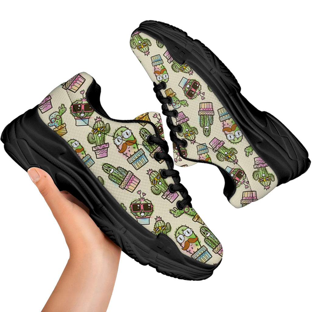 Cute Cartoon Cactus Pattern Print Black Chunky Shoes