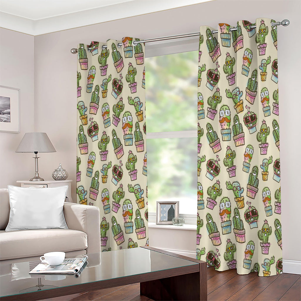 Cute Cartoon Cactus Pattern Print Extra Wide Grommet Curtains