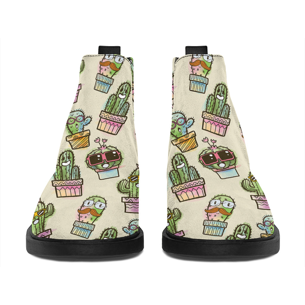 Cute Cartoon Cactus Pattern Print Flat Ankle Boots