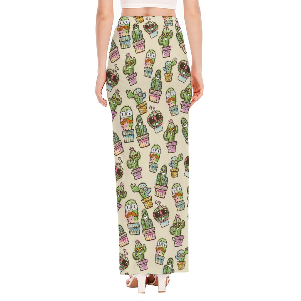 Cute Cartoon Cactus Pattern Print High Slit Maxi Skirt