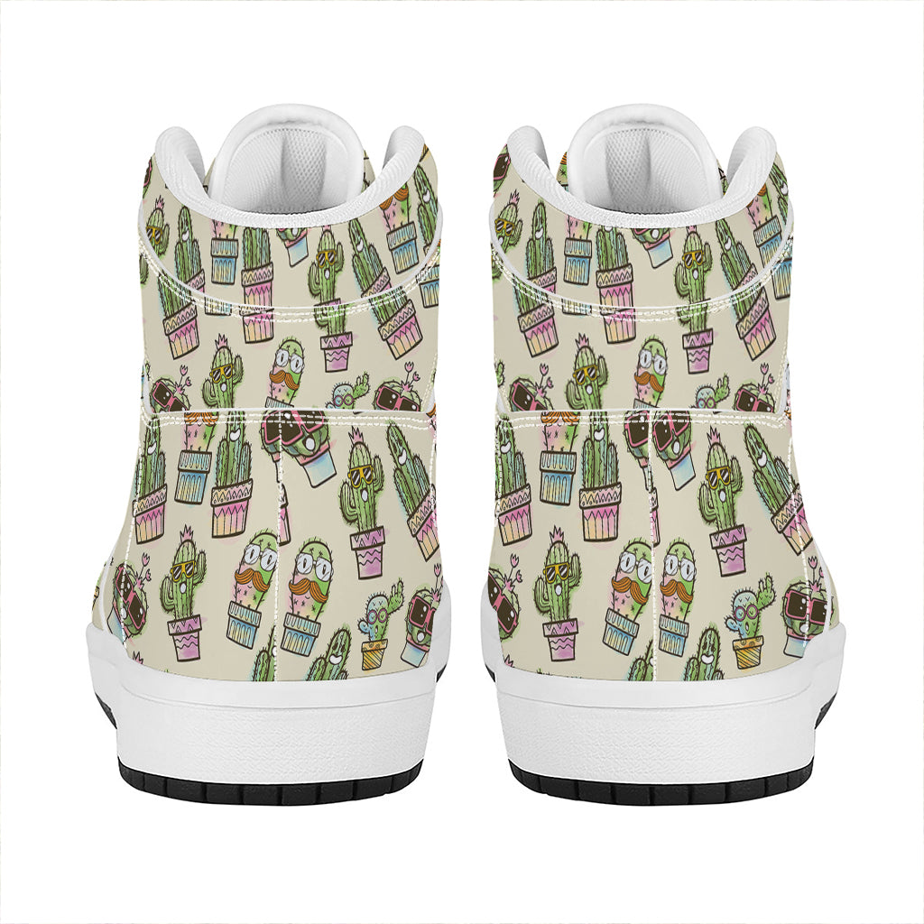 Cute Cartoon Cactus Pattern Print High Top Leather Sneakers