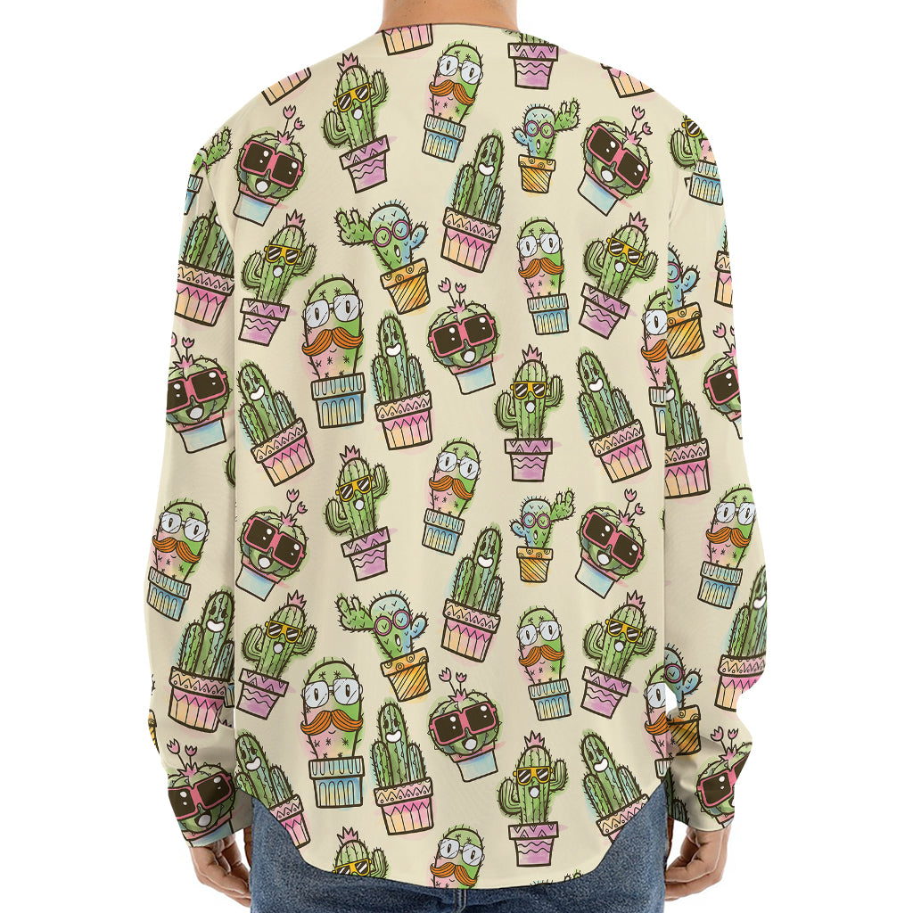 Cute Cartoon Cactus Pattern Print Long Sleeve Baseball Jersey