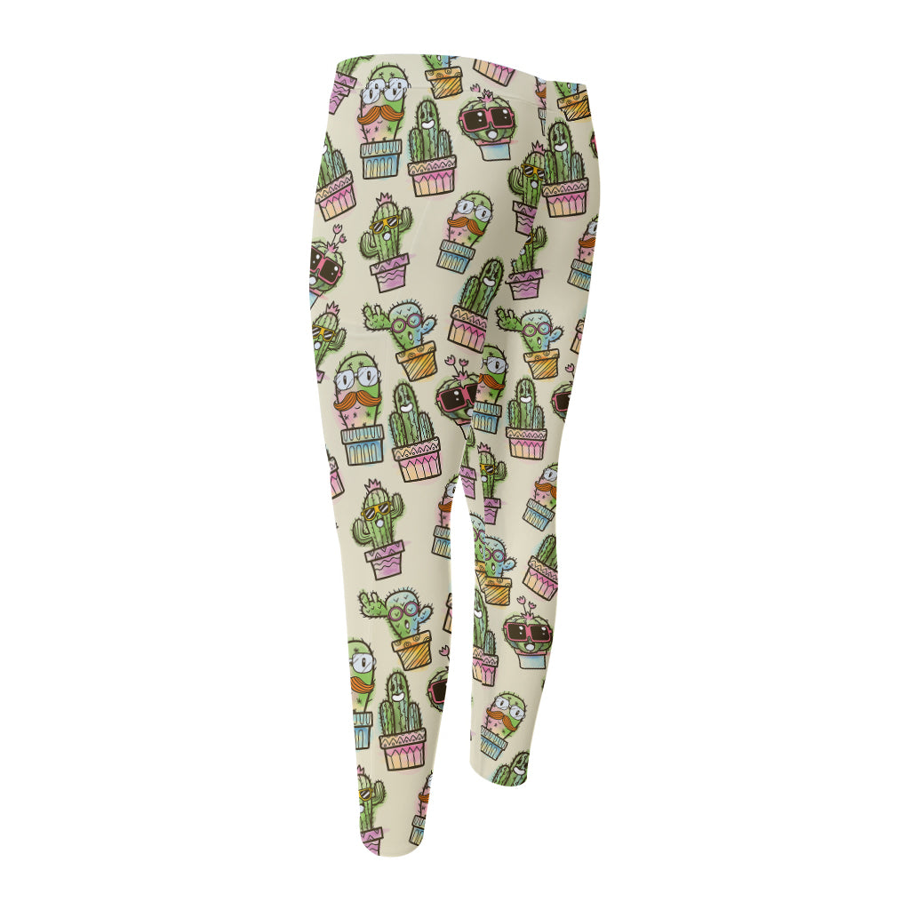 Cute Cartoon Cactus Pattern Print Men's Compression Pants