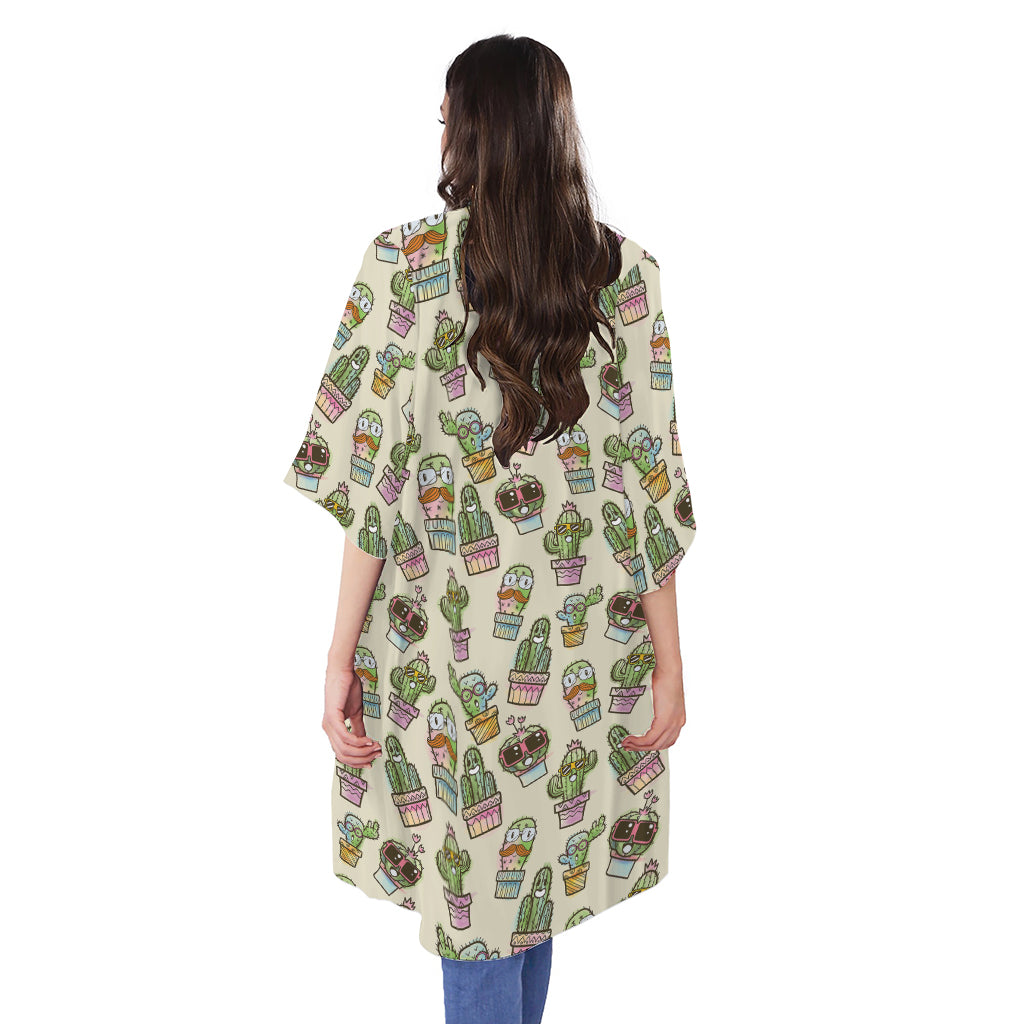 Cute Cartoon Cactus Pattern Print Open Front Beach Cover Up
