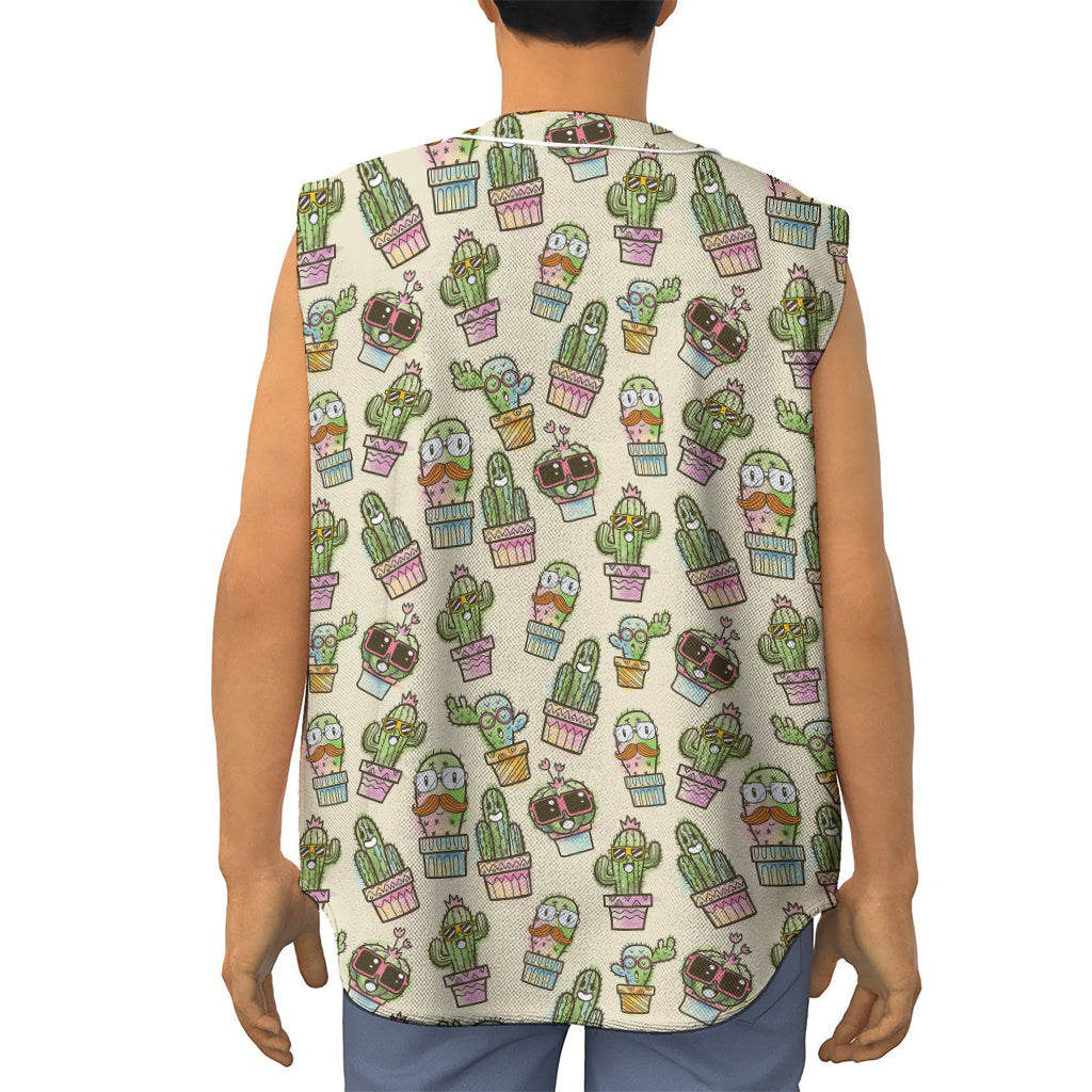 Cute Cartoon Cactus Pattern Print Sleeveless Baseball Jersey