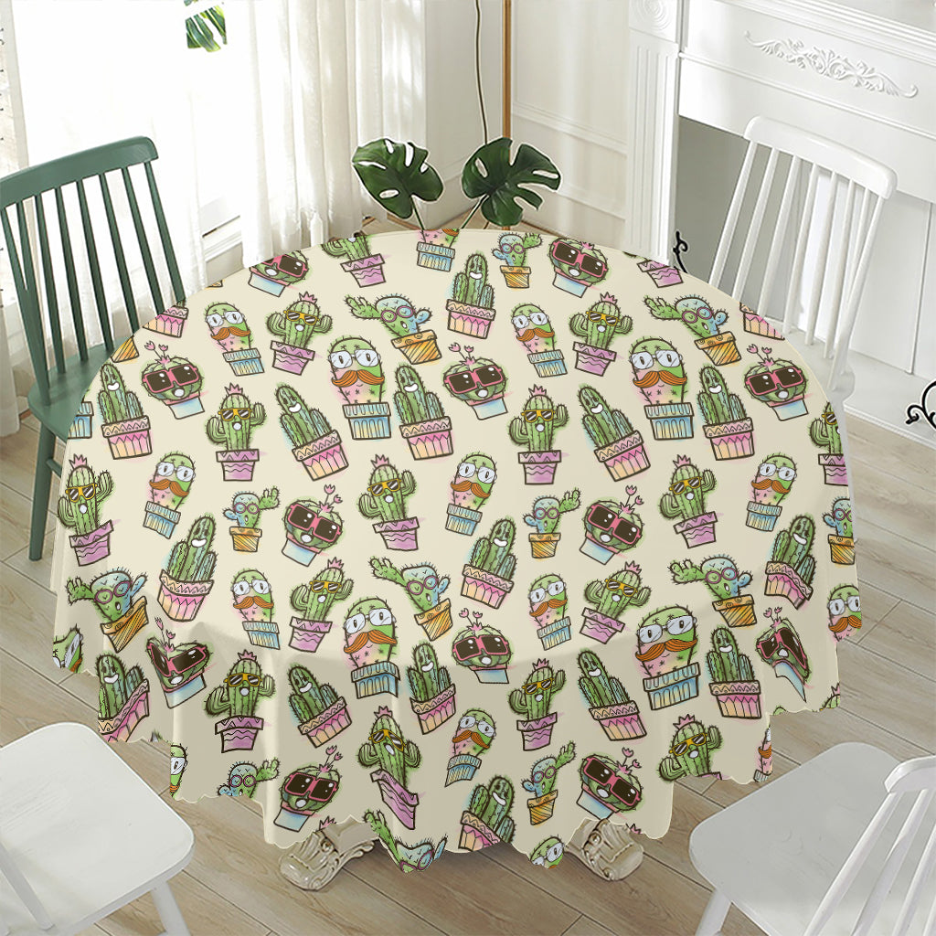 Cute Cartoon Cactus Pattern Print Waterproof Round Tablecloth