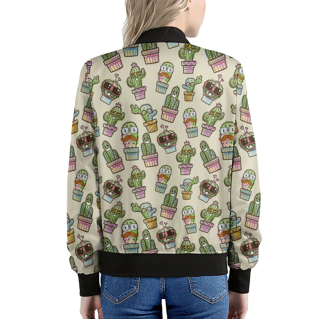 Cute Cartoon Cactus Pattern Print Women's Bomber Jacket