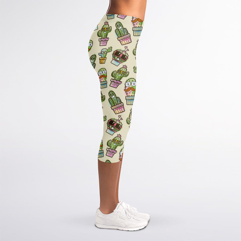 Cute Cartoon Cactus Pattern Print Women's Capri Leggings
