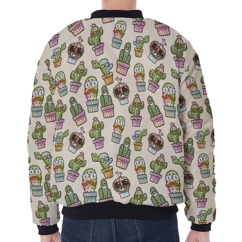 Cute Cartoon Cactus Pattern Print Zip Sleeve Bomber Jacket