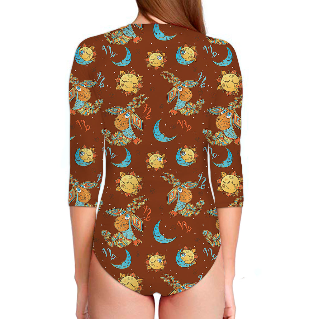 Cute Cartoon Capricorn Pattern Print Long Sleeve Swimsuit