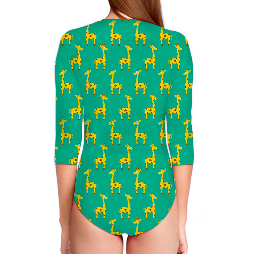 Cute Cartoon Giraffe Pattern Print Long Sleeve Swimsuit