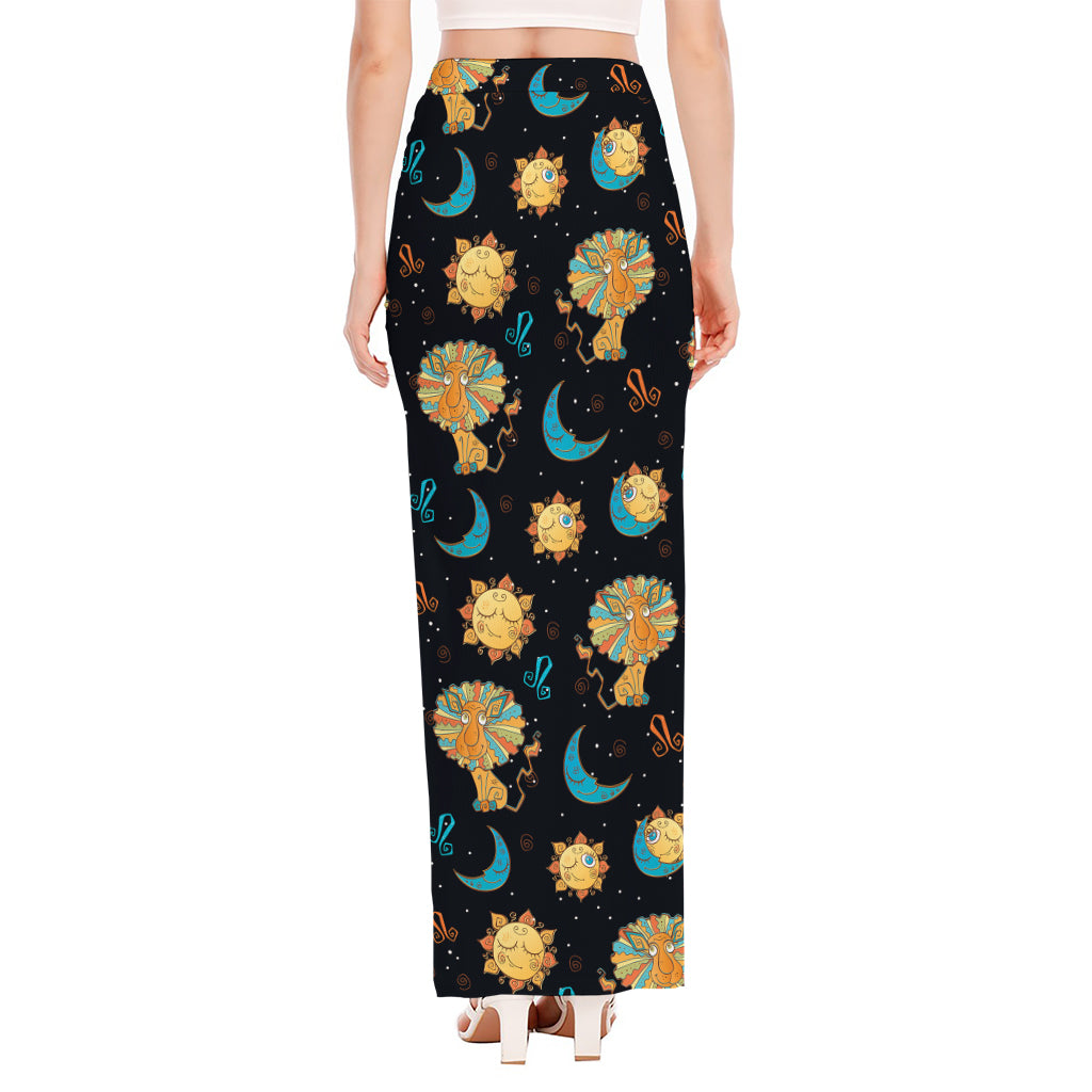 Cute Cartoon Leo Pattern Print High Slit Maxi Skirt