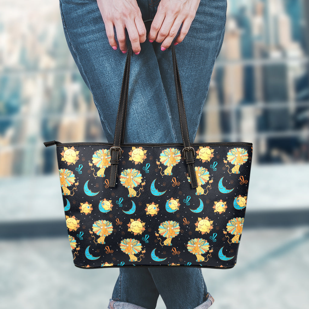 Cute Cartoon Leo Pattern Print Leather Tote Bag