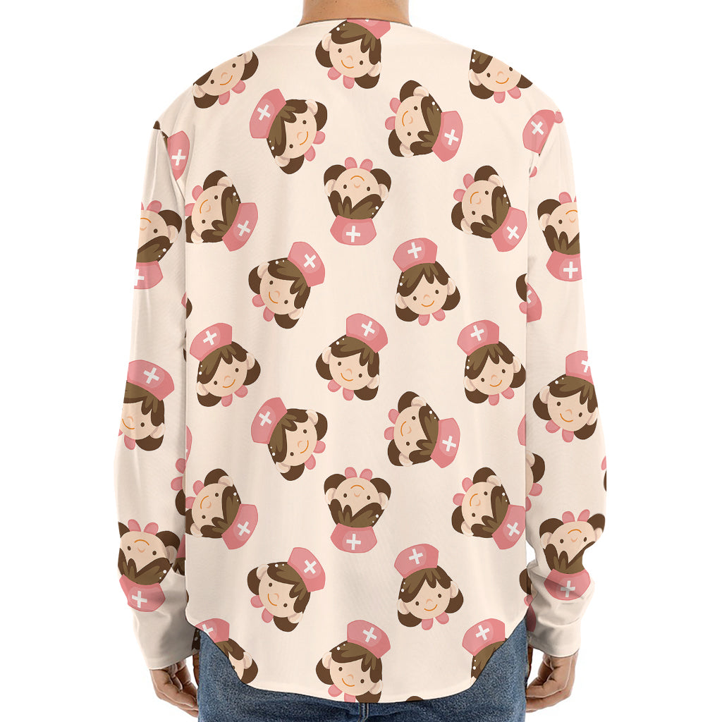 Cute Cartoon Nurse Pattern Print Long Sleeve Baseball Jersey
