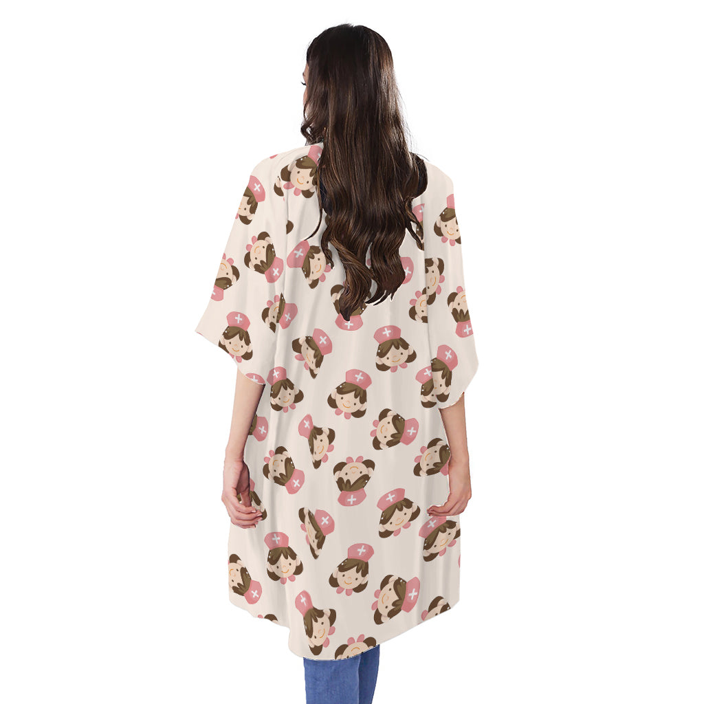 Cute Cartoon Nurse Pattern Print Open Front Beach Cover Up