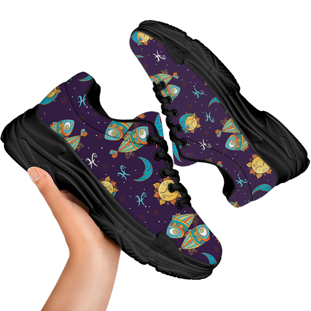 Cute Cartoon Pisces Pattern Print Black Chunky Shoes