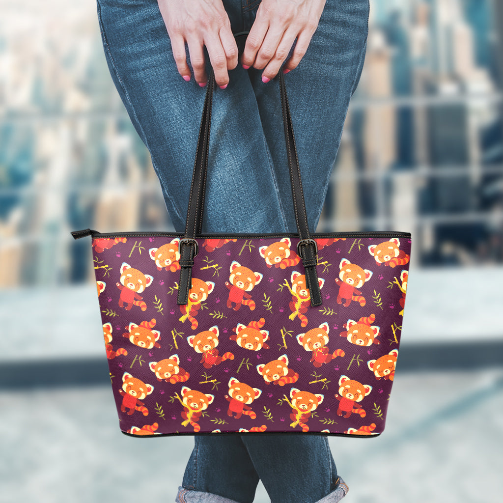 Cute Cartoon Red Panda Pattern Print Leather Tote Bag