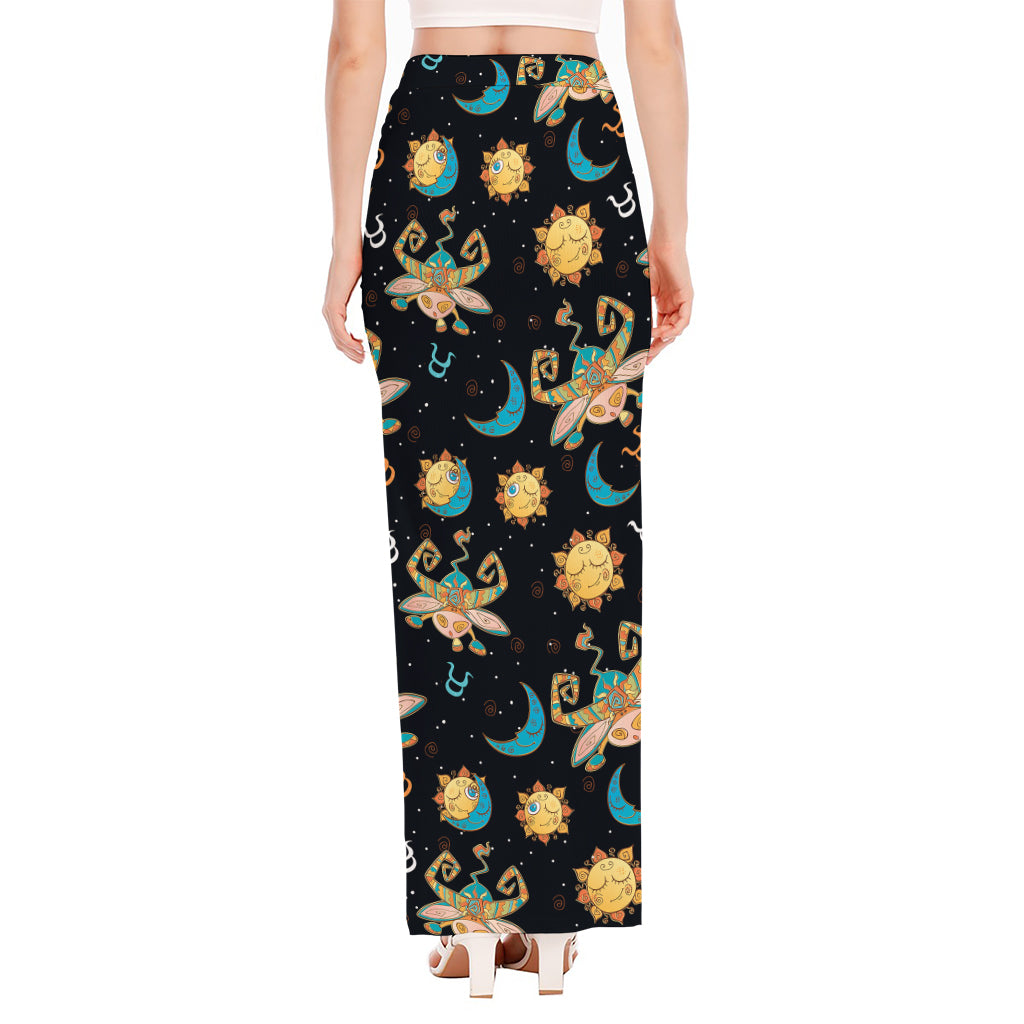 Cute Cartoon Taurus Pattern Print High Slit Maxi Skirt