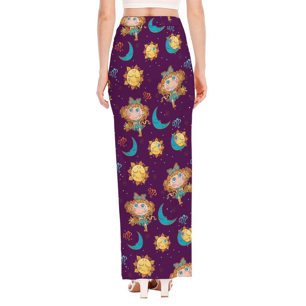 Cute Cartoon Virgo Pattern Print High Slit Maxi Skirt