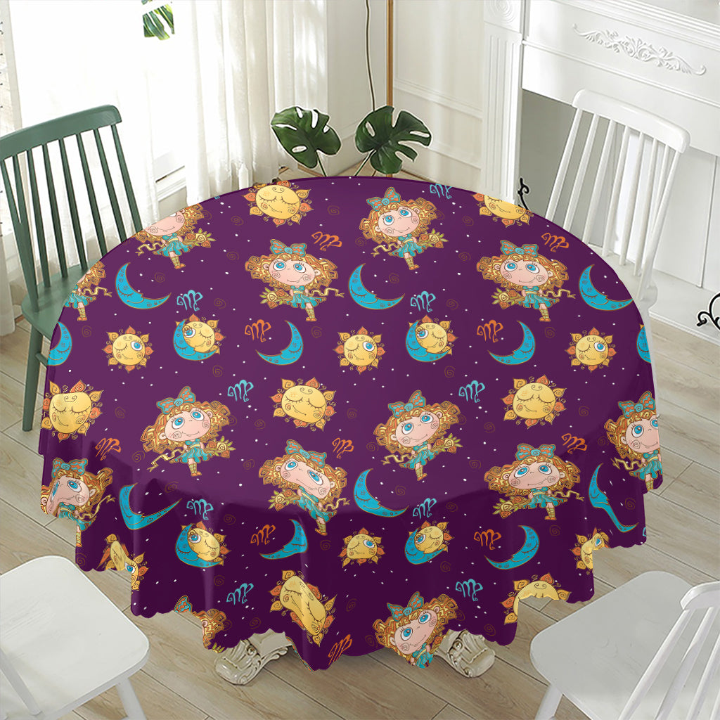 Cute Cartoon Virgo Pattern Print Waterproof Round Tablecloth